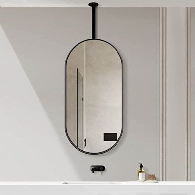 Bathroom Mirror Hanging From Ceiling, Ceiling Mounted Bathroom Mirror, Ceiling Mounted Mirror Bathroom, Ceiling Suspended Mirror, Ceiling Mount Mirror, Ceiling Mounted Mirror, Hanging Mirror From Ceiling, Lagos Apartment, Modern Black Mirror