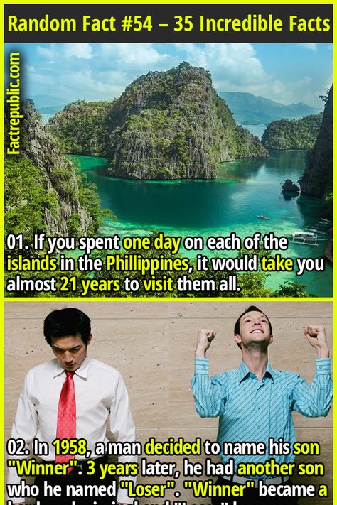 01. If you spent one day on each of the islands in the Phillippines, it would take you almost 21 years to visit them all. #travel #living #world #adventure #phililppinnes Travel Facts Interesting, Facts About Time Travel, Fun Historical Facts, Did You Know History Facts, Crazy History Facts, Real Time Travel, Interesting Facts About World, Fact Sheet, Real Facts