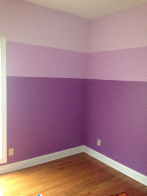 The girls' ombré purple bedroom I painted!  I used the lightest and darkest colors on a paint card. Then mixed both for the middle color.   Top half of room in lighter, bottom half in darker then painted middle section over both light and dark using trim tape. The girls love it!!! Bedroom Purple, Baby Room Colors, Purple Bedrooms, Purple Bedroom, Purple Rooms, Room Color Schemes, Purple Walls, Trendy Bedroom, Bedroom Paint