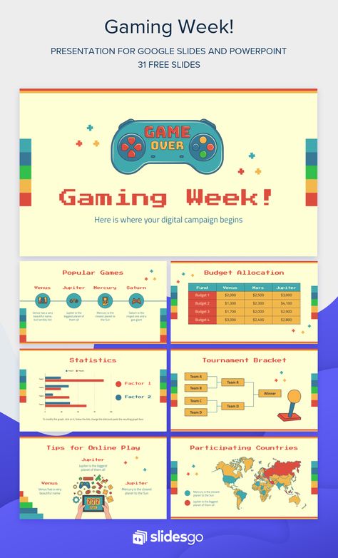 Promote a gaming week and gather players from everywhere by using this wonderful template for Google Slides and PowerPoint. You'll love the typography! Interactive Powerpoint Presentation, Business Model Template, Theme Powerpoint, Ppt Template Design, Free Ppt Template, Brand Guidelines Template, Powerpoint Tutorial, Presentation Design Layout, Powerpoint Games