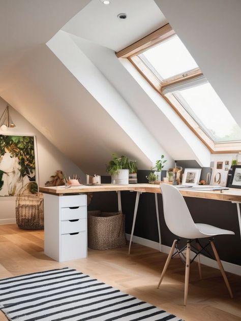 Transform Your Attic into a Dreamy Art Studio: How to Create a Bright and Inspiring Space for Unleashing Your Creativity | decory.co Loft Room Decor, Attic Apartment Ideas, Attic Home Office, Airy Home Office, Loft Office Ideas, Bright And Airy Home, Airy Home, Attic Office, Loft House Design