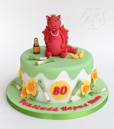 welsh 80th cake | For a true welsh woman on her 80th - glamo… | Flickr Chocolate Bowls With Balloons, St George Dragon, Rugby Cake, Dragon Birthday Cakes, Anna Cake, Dragon Cakes, St David, 40th Cake, Dragon Cake