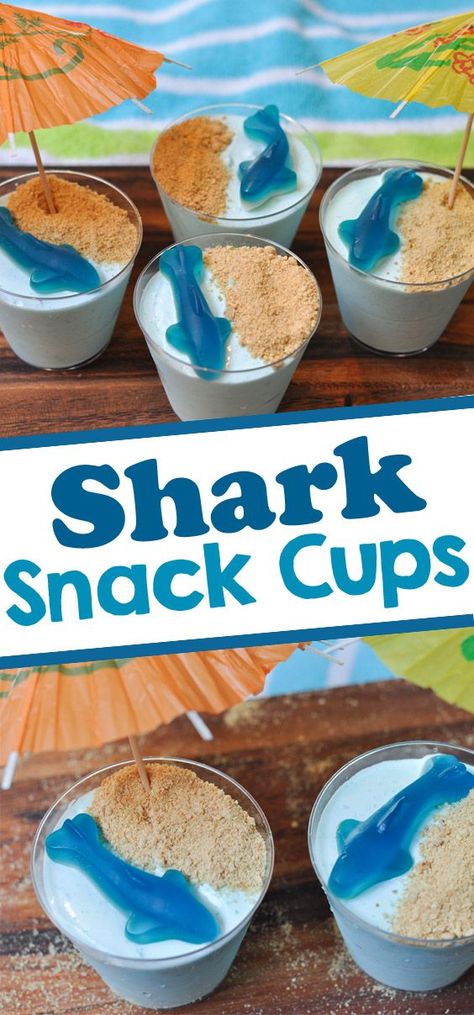 Learn how to make these fun shark snack cups that are perfect for an afternoon snack or to help celebrate Shark Week. Shark Themed Snacks, Shark Themed Food, Shark Snacks, Shark Week Party, Kids Birthday Party Food, Shark Themed Party, Shark Themed Birthday Party, Shark Cake, Kid Desserts