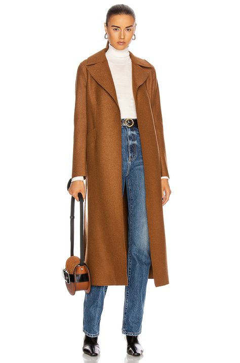 Harris Wharf London Long Maxi Pressed Wool Coat in Caramel | FWRD Caramel Wool Coat Outfit, Caramel Coat Outfit, Camel Wool Coat Outfit, Caramel Outfit, Carmel Coat, Classic Photoshoot, Wool Coat Outfit, Caramel Coat, Camel Wool Coat