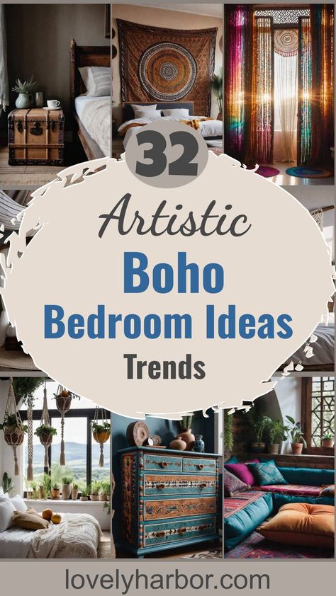 32 Artistic Boho Bedroom Ideas For 2024 Sophisticated Boho Bedroom, Dark Green Boho Bedroom, Virgo Witch, Green Boho Bedroom, Bohemian Bedroom Ideas, Dark Green Boho, Hippy Bedroom, Hippie Bedroom Decor, Industrial Bedroom Design