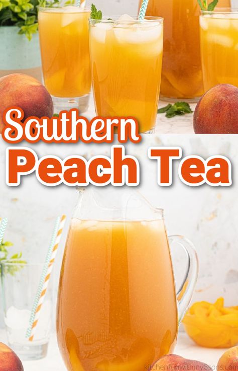 This spring and summer weather calls for a tall fresh glass of tea. Whether you are fresh out of the pool, it's a late-night with friends, or whenever. This Southern Peach Tea is a delicious recipe that anyone can enjoy! Peach Sweet Tea, Peach Pie Bars, Glass Of Tea, Peach Tea Recipe, Iced Tea Recipes Homemade, Peach Iced Tea, Sweet Tea Recipes, Peach Drinks, Tea Drink Recipes