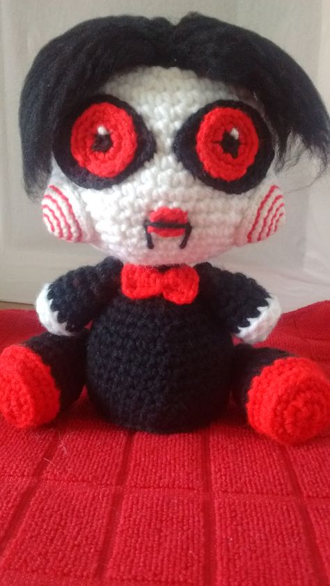 Crochet doll inspired by Jigsaw Puppet. From the Saw franchise. Crochet Jigsaw Doll, Jigsaw Puppet, Jigsaw Doll, Saw Puppet, Billy The Puppet, Cursed Stuff, The Saw, Halloween 2022, Diy Knitting