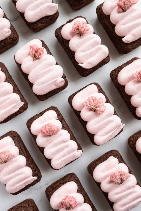 Mini Chocolate Loaves With Cherry Blossom Frosting Vegan Gluten Free Cherry Blossom Food Ideas, Vegan Petit Fours, Flower Party Food, Valentines Bakery Ideas, Valentine Bread, Valentines Sweets Treats, Valentines Pastry, Valentine’s Day Sweets, Valentine Baked Goods