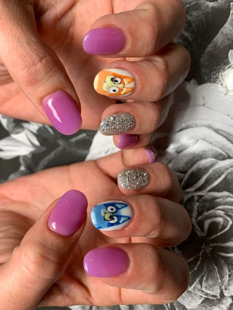 Cute nail art, nail art, Bluey, Bluey & Bingo Bluey & Bingo Nails, Bluey Bingo Nail Art, Bluey Show Nails, Bluey Cartoon Inspired Nails, Bluey Cartoon Acrylic Nails, Bluey Nail Art Designs, Bluey Nails Design, Bluey Bingo Inspired Nails, Bluey Dog Nails