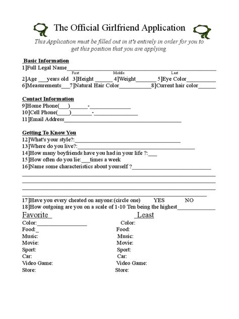 If you like a girl and your nervous just print this out and put in her book bag,desk,but make sure she knows its you.Or download it to your computer and make adjustments that you want or just send it to her on my space Gf Application Form, Best Friend Application, Girlfriend Application, Boyfriend Application, Relationship Contract, Funny Certificates, Friend Application, Relationship Psychology, Her Book