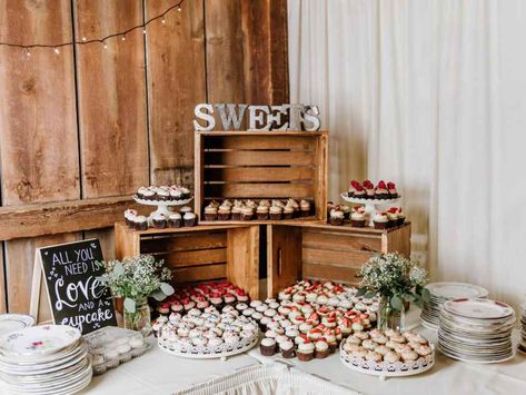 Wedding Dessert Table Rustic Wooden Crates, Rustic Wedding Cake Table Display Wooden Crates, Wooden Crate Dessert Display, Crate Desert Table, Rustic Theme Dessert Table, Sweet Table Display Ideas, Rustic Sweets Table, Wedding Dessert Table Display Ideas, Dessert Table With Crates