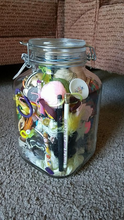 3D collage of childhood trinkets, made from a Bormioli Rocco canning jar. Crow Confetti, Trinket Jar, Childhood Things, 3d Collage, Bormioli Rocco, Canning Jar, Marie Kondo, Canning Jars, Diy Projects To Try