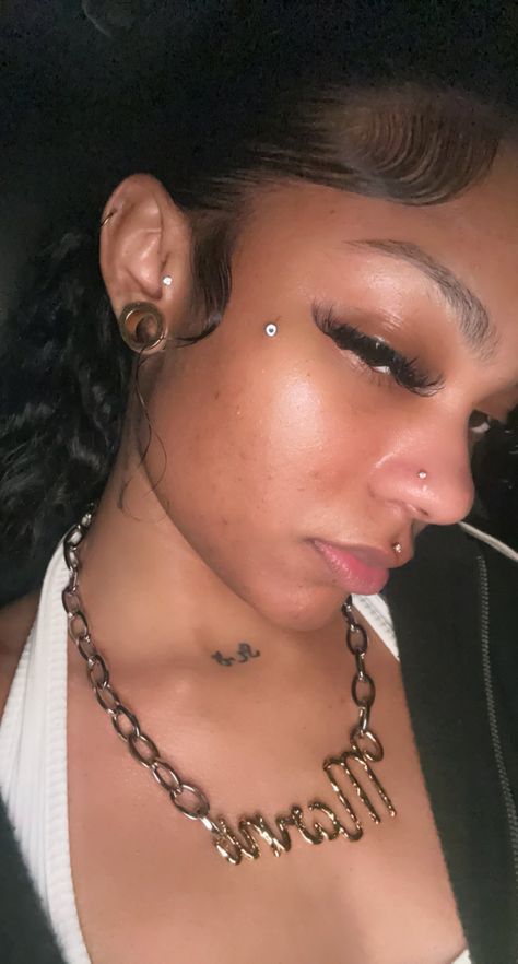 Piercing Black Women, Facial Dermal Piercing, Face Dermal Piercing, The Glow Up Project, Face Dermal, Chest Piercing, Glow Up Project, Ashley Piercing, Double Nose Piercing