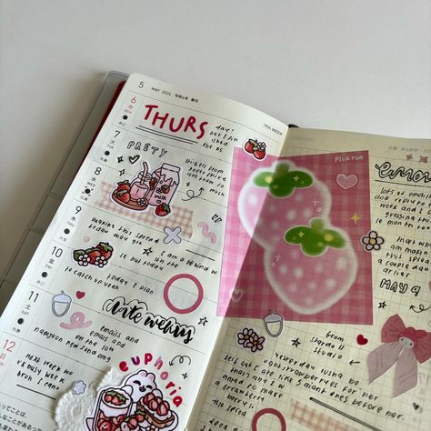 strawberry theme because yesterday I devoured demolished inhaled four giant strawberries 😈😈 stolen from my sister food tastes so good when it belongs to someone else 😈 used the prettiest cutest stickers from @papershire aa they’re just too beautiful + was listening to euphoria (by kendrick lamar) while making this but that doesn’t really fit the theme _ _ _ #sticker #journal #diary #diaryjournal #scrapdiary #notebook #midori #journalwithme #스크랩다꾸 #스크랩 #오브젝트 #스크랩북 #다이어리 #nd.rkive #hobon... Notes Planner Ideas, A Diary Ideas, This Diary Belongs To Page Ideas, Things For Journal, Journal Uses, Journaling Themes, Journal Book Ideas Creative, Diaries Ideas, Journal Ideas Cute