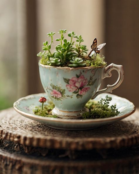 Transform vintage finds into charming mini gardens! This whimsical teacup design brings delight to any space.  Share your creations with us! 🌿💚 #homeandgarden #betterhomesandgardens #homegardening Tea Cup Garden Art, Plants In Teacups, Old Tea Cups Ideas Garden, Tea Cup Fairy Garden Ideas Diy, Plants In Tea Cups, Teacup Garden Ideas, Teacup Terrarium, Galentines 2025, Teacup Ideas