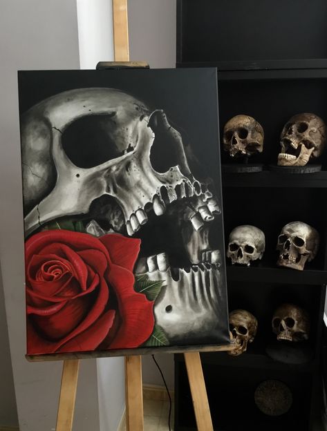 Skull And Flower Painting, How To Paint A Skull, Skull And Roses Painting, Skull Canvas Painting, Gothic Art Painting, Skull Painting Ideas, Gothic Painting Ideas, Edgy Paintings, Skull Oil Painting