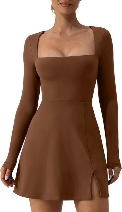 Yoisdtxc Women's Solid Color Square Neck Long Sleeve Dress Shrugged Shoulder Split Bottom Short Skirt Elastic Horn Mini Dress (A-Coffee 1, M) : Amazon.co.uk: Fashion Casual Sundress, Evening Dresses Short, Coffee Color, Square Neck Dress, Flare Mini Dress, Mini Dresses For Women, Multicolor Dress, Summer Party Dress, Spring Summer Dress