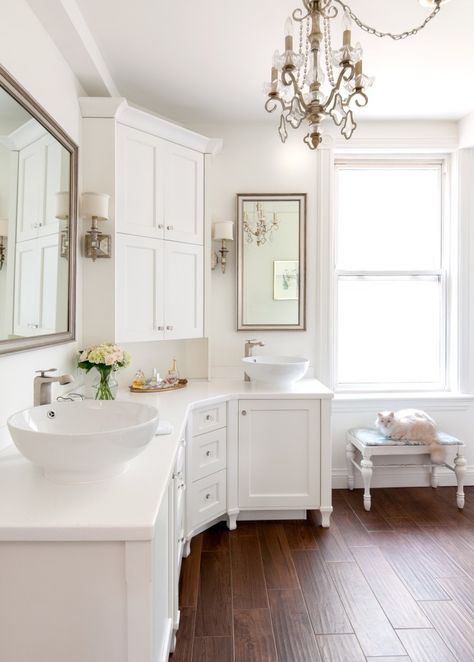 . Transitional Bathroom Design, Manchester Tan, Corner Bathroom Vanity, Corner Vanity, Bathroom Paint Colors, Transitional Bathroom, Bath Remodel, Painting Bathroom, Wood Flooring