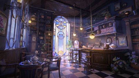 ArtStation - The Iris Den, Keira Santoso Interior Concept Art, The Art Showcase, Blue Cafe, Art Showcase, Fantasy Rooms, Concept Art Tutorial, Location Inspiration, Keys Art, Interior Concept