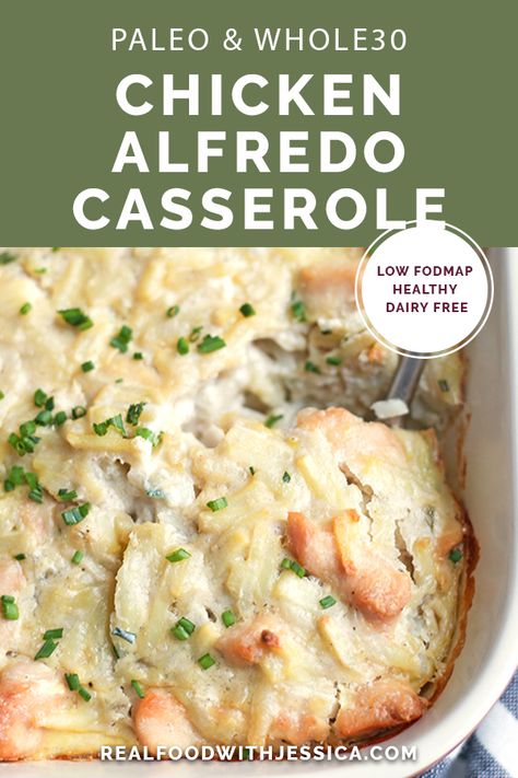 This Paleo Whole30 Chicken Alfredo Casserole is easy to make and pure comfort food. Tender chicken and potatoes covered in a creamy sauce. Gluten free, dairy free, and low FODMAP. Paleo Casserole, Alfredo Casserole, Alfredo Chicken, Chicken Alfredo Casserole, Against All Grain, Whole30 Chicken, Chicken And Potatoes, Paleo Whole 30, Paleo Dinner