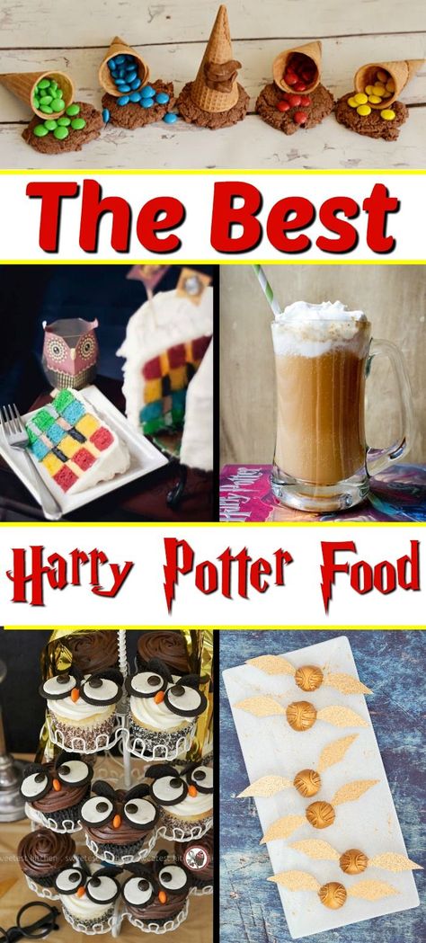 Harry Potter food - Need fun ideas for a Harry Potter party? These Harry Potter recipes are perfect! From butterbeer to golden snitch cookies, this is all the Harry Potter themed food you'll need! #harrypotter #harrypotterfood #harrypotterrecipes #harrypotterparty #goldensnitchfood #hogwartsfood #butterbeer Harry Potter Party Food, Harry Potter Recipes, Harry Potter Themed Party, Kids Desserts, Harry Potter Parties Food, Harry Potter Marathon, Party Food Recipes, Cumpleaños Harry Potter, Harry Potter Bday