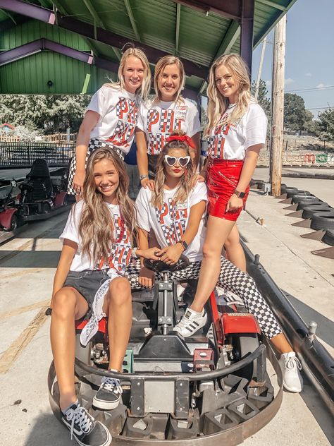 Race Car Bachelorette Party, Race Car Sorority Theme, Race Car Bid Day, Racing Photoshoot, Event Fits, Phi Sigma Rho, Sorority Themes, Recruitment Ideas, Race Outfit