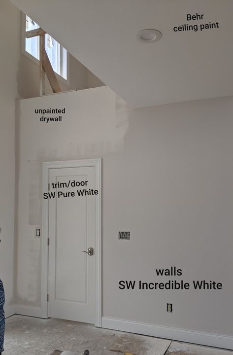 Incredible white is the most gorgeous, greige-white!  SW Incredible White walls SW Pure White trim and doors   One panel door Pure White Doors, Sw Whites For Walls, White Trim And Wall Combos, White Walls White Baseboards, White Walls What Color Trim, Off White Walls White Trim, What Color Trim With White Walls, Greige White Paint, White Trim And White Walls