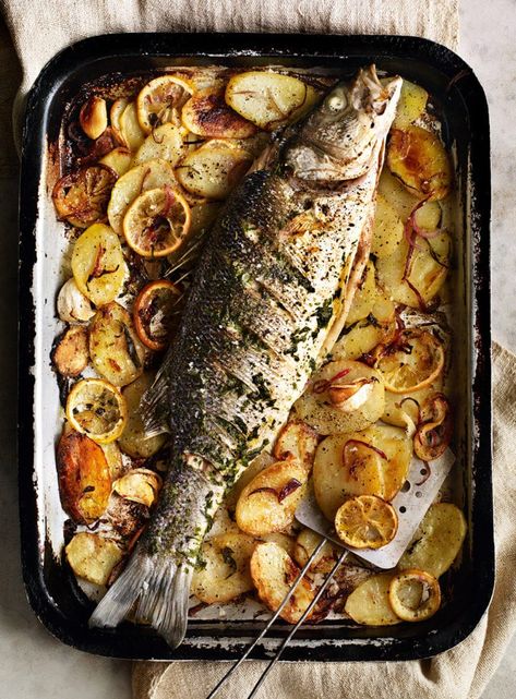 Whole roast fish with lemon and tarragon butter | delicious. magazine Whole Roasted Fish, Easter Fish Recipes, Thanksgiving Fish, Tarragon Butter, Recipes Jamaican, Easter Shoot, Whole Fish Recipes, Roasted Fish, Appetizing Food