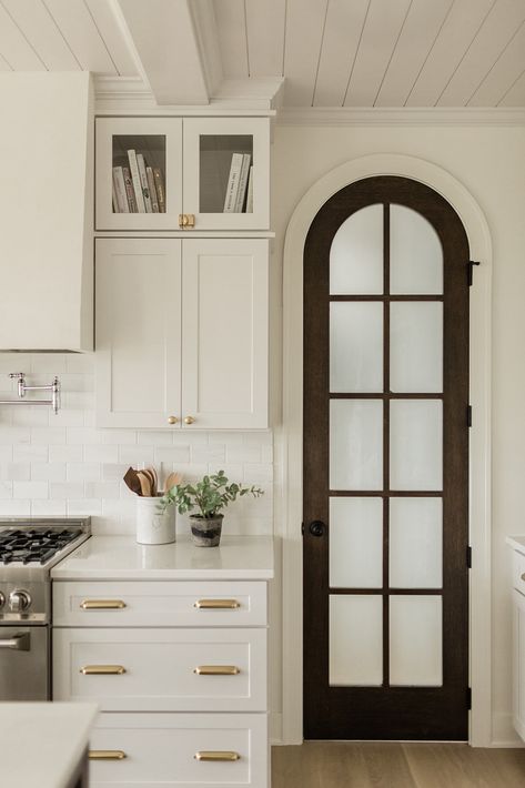 Kitchen Pantry Doors Frosted, Round Top Pantry Door, Pantry Door Kitchen, Kitchen With Pantry Door, Arched Glass Door, Iron Pantry Door, Pantry Door In Kitchen, Black Arch Door, Round Pantry Door