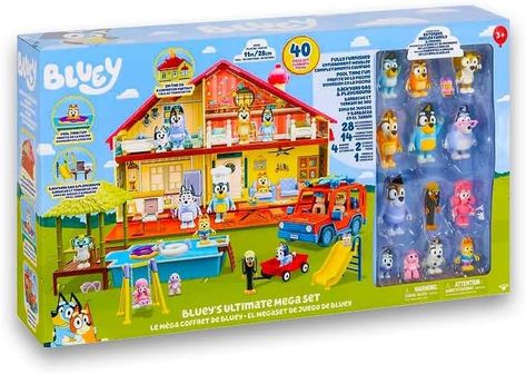 Bluey's House Playset - recreate all the fun scenes from Bluey's TV show with the amazing playset. This incredible set looks just like Bluey's home, making it the perfect place to bring your favorite show moments to life. Bluey's home is packed with cool details that match the TV show perfectly. There are doors that open and close, just like in the show, so Bluey and her family can go on exciting adventures. Plus, the bundle includes everything you need for an outdoor BBQ party. Bluey's House, Outdoor Bbq Party, Moose Toys, Pool Time, New 2023, Bbq Party, Easter Cakes, Dinosaur Toys, Backyard Bbq