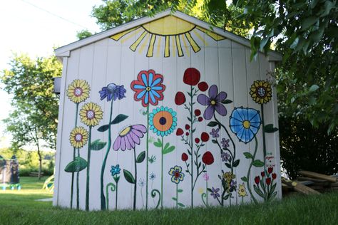 Mural 🎨 Shed Mural 🌼flower painting 🎨 Shed Mural, Painted Shed, Garden Fence Art, Garden Mural, Flower Mural, School Murals, Fence Art, Wall Murals Painted, Walled Garden