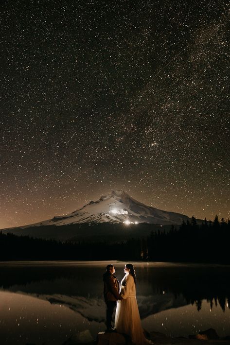 Night Wedding Photos, Mountains At Night, Couple Aesthetics, Hood River Oregon, Oregon Elopement, Night Portrait, Two Brides, Hood River, Wedding Inside