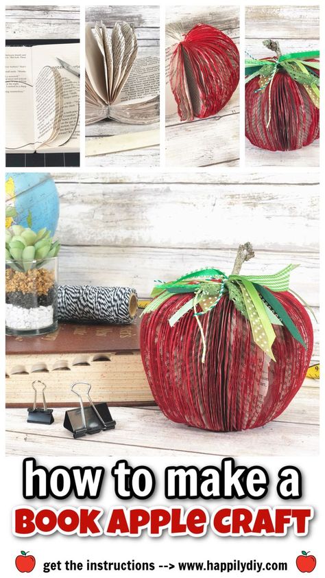 apple made out of paperback book Craft With Book Pages, Craft With Old Books, Art With Old Books, Paper Crafts With Book Pages, Using Pages From Old Books, Apple Diy Craft, Crafts With Book Pages Diy Projects, Old Book Crafts Christmas, Crafting With Book Pages