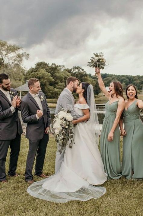 Rustic-Chic Barn Wedding In Pennsylvania | Browse Real Weddings on The Budget Savvy Bride | Photographer: Peruso Photography | wedding inspiration | wedding ideas | wedding ceremony | budget wedding | bride and groom | wedding party Groomsmen Attire Eucalyptus, Eucalyptus Wedding Party Colors, Gray Suit Green Shirt, Charcoal Grey And Sage Green Wedding, Sage Green Wedding Bride And Groom, Grey Groom And Groomsmen Attire, Dark Gray And Sage Green Wedding, Sage And Grey Wedding Party, Dusty Sage Groomsmen Attire