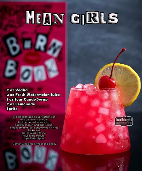 Mean Girls cocktail recipe: 2oz vodka, 2oz watermelon juice, 1oz sour candy syrup, 2oz lemondade, and Sprite. Movie inspired cocktails. Burn book. Regina George. Movie theme party. Girls night. You cant sit with us. Fun cocktails with a story. Party punch. Lindsay lohan movie. Red cocktail. Bachelorette party ideas. Movie Inspired Cocktails, Bartender Drinks Recipes, Fruity Alcohol Drinks, Fun Drinks Alcohol, Pretty Alcoholic Drinks, Alcholic Drinks, Summer Drinks Alcohol, Cocktail Drinks Alcoholic, Mixed Drinks Alcohol