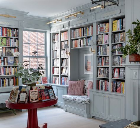 A paint color obsession...... - The Enchanted Home Upstairs Landing Library, Paint Colors For Bookshelves, Built In Bookcase Paint Colors, Library Room Paint Colors, Light Blue Built In Bookcase, Colourful Home Library, Blue Painted Built Ins, Home Library Wall Colors, New England Paint Colors