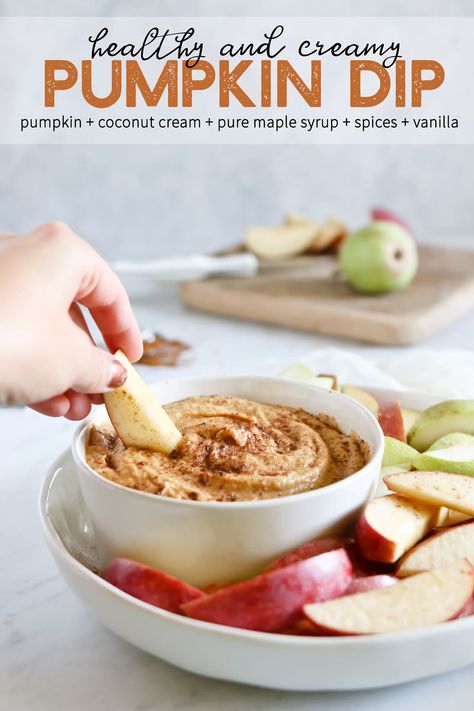 Smooth, creamy, skinny and healthy Pumpkin Dip! Guilt free indulgence! This vegan and gluten free version comes together with coconut milk, pure maple syrup, pumpkin, and your favorite Fall spices. Easy and delicious! #camitidbits #pumpkin #fallfood #fallrecipes #pumpkinrecipes #fallappetizer #fall #pumpkindip #healthyrecipes #healthypumpkinrecipe Healthy Pumpkin Dip, Healthy Fall Snacks, Pumpkin Dip Recipe, Fall Recipes Appetizers, Sweet Potatoe Bites, Pumpkin Dip, Pumpkin Recipes Healthy, Pumpkin Hummus, Fall Appetizers