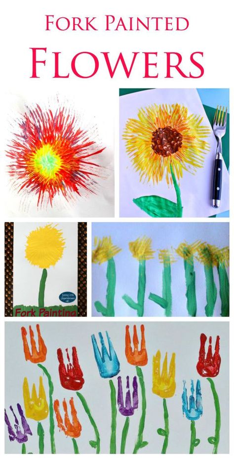 Fork Painted flowers. A great little painting technique for kids Finger Printing, Fork Painting, Fork Art, Painting Activities, Spring Crafts For Kids, Toddler Art, Spring Art, Painted Flowers, Preschool Art