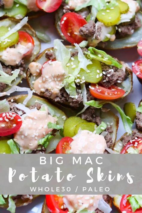 Whole30 Big Mac Potato Skins are Paleo & Gluten Free, of course! They're the best healthy appetizer for Super Bowl Sunday or a perfect easy weeknight dinner! It's got everything you love in the classic Big Mac, even the special sauce! #whole30recipes #cookathomemom Paleo Appetizer, Paleo Appetizers, Superbowl Sunday, Perfect Baked Potato, Superbowl Appetizers, Layer Dip, Special Sauce, 7 Layer, Super Bowl Sunday