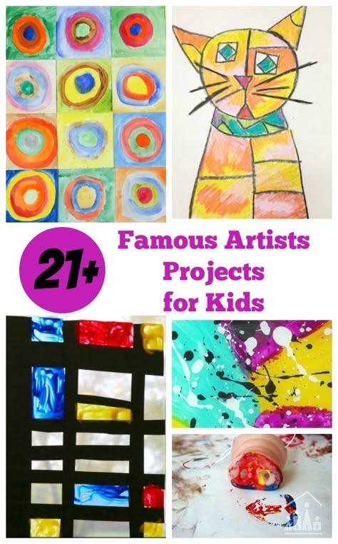 Introduce your kids to art history and encourage them to have a go at some of the techniques used by famous artists. Fun for kids of all ages. Famous Artists For Kids, Montessori Art, Artist Project, Art Projects For Kids, Kids At Home, Homeschool Art, Artists For Kids, Kindergarten Art, Fun For Kids