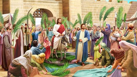 The Lord Jesus' Triumphal Entry into Jerusalem (Matthew 21:1-11) Happy Palm Sunday, Triumphal Entry, Bible Images, A Donkey, Bible Pictures, Christian Pictures, Jesus Christ Images, Palm Sunday, Biblical Art