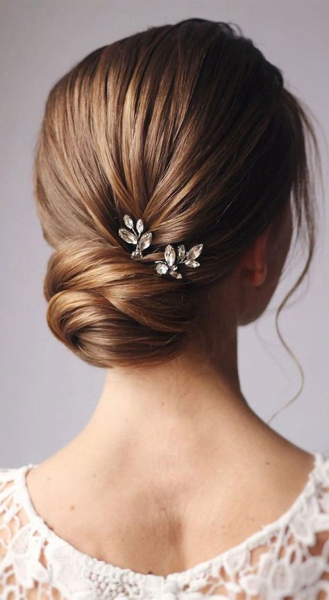 40 Updo Hairstyles Perfect For Any Occasion : Elegant Brown Hair French Twist Bridesmaid Sleek Hair, Updo Sleek Elegant, Clean Bun Hairstyles Classy, Low Bun Wedding Hair Medium Length, Clean Wedding Hair, Low Bun Hair, Bride Low Bun Hairstyles, Sleek Updo Wedding, Mom Wedding Hair