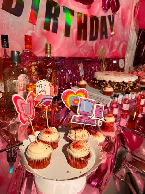 Y2k Club Birthday Party, Y2k Dessert Table, 2000s Table Decor, Y2k Birthday Party Theme Aesthetic, Y2k Party Food, Y2k Cupcakes, 21st Birthday Ideas 2000s Theme, 21st Birthday 2000 Theme, Y2k Party Ideas