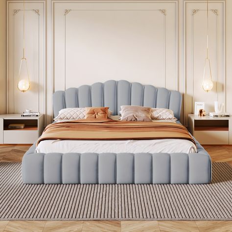 Faster shipping. Better service Blue Bed Ideas, Blue Modern Bedroom, Upholstered Queen Bed Frame, Upholstered Queen Bed, Floor Bed Frame, Velvet Bed Frame, Velvet Upholstered Bed, Queen Upholstered Bed, Queen Platform Bed