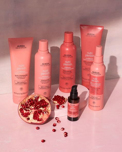 Aveda on Instagram: “Potent plant power, bottled up. New 94% naturally derived* Nutriplenish features organic pomegranate oil, mango butter, organic coconut oil…” Aveda Makeup, Aveda Hair Color, Aveda Hair, Aveda Salon, Aveda Color, Pomegranate Oil, Facial Waxing, Shampoo Bowls, Hair Therapy