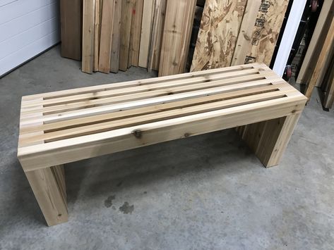 Slatted Bench, Pizza Oven Outdoor Diy, Outside Benches, Eastern White Cedar, Cedar Bench, Wood Bench Outdoor, Poolside Furniture, Simple Benches, Cedar Planter Box