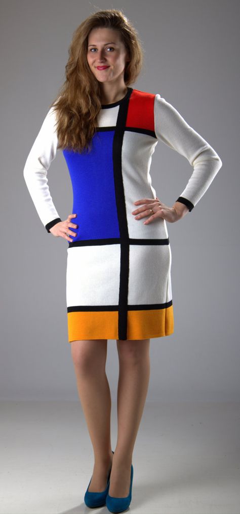 Mondrian Dress, Sweater Dress Long, Artsy Outfit, Pullover Mode, Mod Vintage, Sixties Fashion, Color Block Dress, Long Sweater Dress, Iconic Dresses