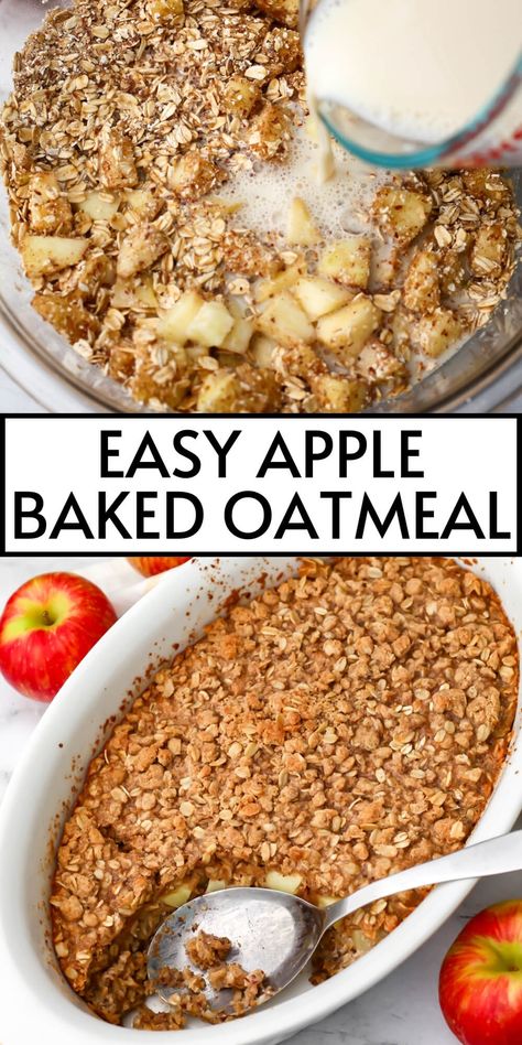 Vegan baked oats are a quick and easy way to make a large dish of delicious oatmeal for the whole family.  Perfectly cooked oatmeal in the oven with apples and cinnamon baked in and topped with a crunchy crumble topping. Oven Baked Apples, Baked Oatmeal With Apples, Vegan Baked Oats, Baked Oatmeal Recipes Breakfast, Oatmeal With Apples, Oatmeal Recipes Breakfast, Cooked Oatmeal, Apple Cinnamon Baked Oatmeal, Oven Baked Apple