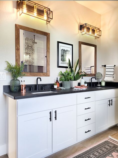 Bathroom Vanity Inspiration, White Cabinets Black Granite, Toilet Remodel, Marble Countertops Bathroom, Granite Bathroom Countertops, White Double Vanity, Bathroom Vanity Ideas, White Cabinets White Countertops, Vanity Inspiration