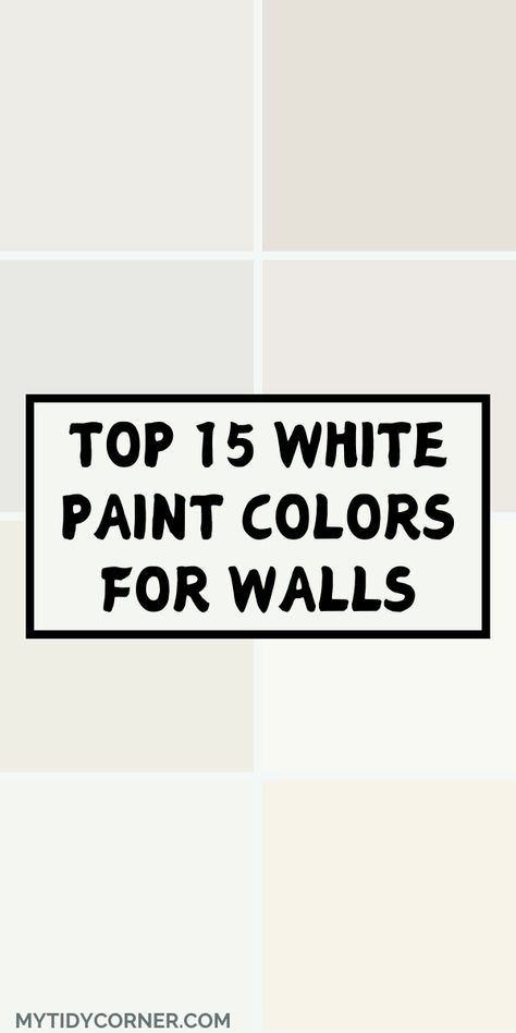 Collage of trending white paint colors. Different Whites For Walls, Tinted White Paint Colors, White Color For Walls, Best Warm White Paint For Walls, Swiss Coffee Walls With White Trim, Popular White Paint Colors, White Paint Colors For Walls, Popular White Paint, Popular Wall Colors